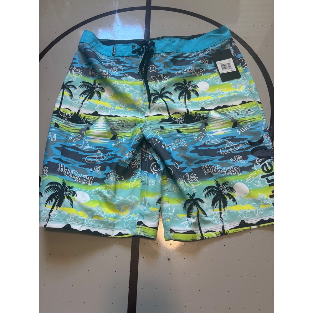 Hurley Boys Board Shorts Blue Lazer Tropical Palm Tree Swim Trunks Size 20986769